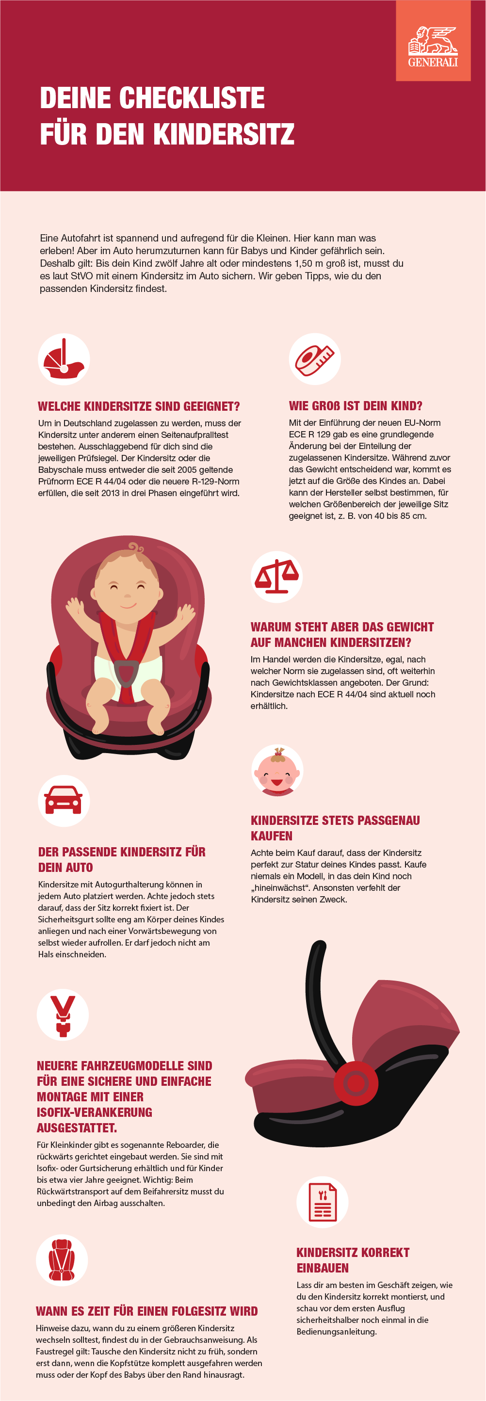 Infografik mit J´Hinweisen für eine sichere Autofahrt mit Kindern